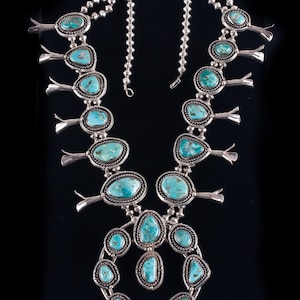 Vintage 1960&#39;s Sterling Silver Cabochon Turquoise Squash Blossom Necklace 312.9g