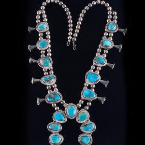 Vintage 1950&#39;s Sterling Silver Cabochon Turquoise Squash Blossom Necklace 160.4g