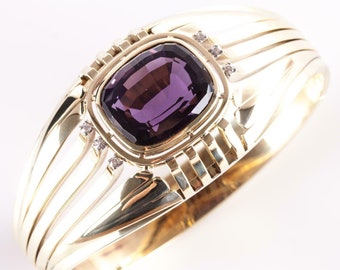 Vintage 1950s 14k Yellow Gold Amethyst & Diamond Hinged Bangle Bracelet 26.33ctw