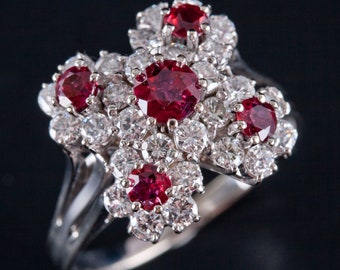 Vintage 1960's 14k White Gold Round Cut Ruby & Diamond Cocktail Ring 1.76ctw