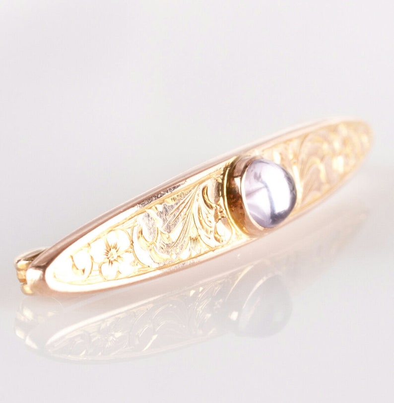 Gorgeous Vintage 1930's 14k Yellow Gold Round Cabochon Cut Amethyst Solitaire Pin .55ct image 2