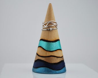 Wood Engraved Ring Cone | Beachy Blue Waves | Jewelry Display | Ring Tree Storage | Earthy Boho Jewelry Organizer | Ring Tree | Ring Storage