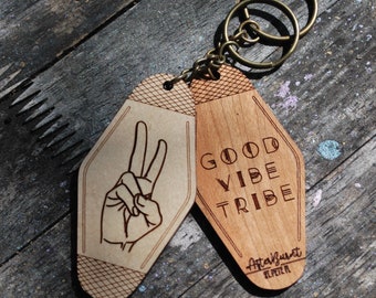 Good Vibe Tribe | Vintage Style Hotel Key Tag| Retro Motel Key | Wood Boho Hotel Art Deco Key Chain | Key FOB | Laser Engraved Wood Keychain
