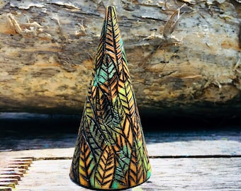 Wood Engraved Ring Cone | Leafy Blue Green Jewelry Display | Ring Tree Storage | Earthy Boho Jewelry Organizer | Rind Tree | Ring Storage