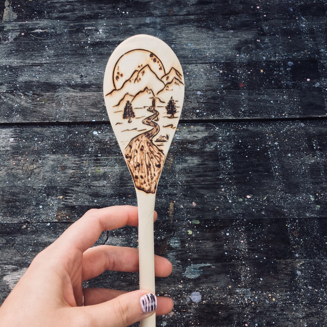 Wood Engraved Cooking Spoon Mountain Landscape Wanderlust Travel Lover