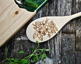 Floral Wood Engraved Cooking Spoon | Gifts for Mom | Simple Mothers Day | Easy Mothers Day Gift | Mom Kitchen Home Decor | Botanical Kitchen