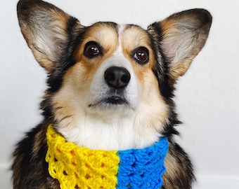 Ukraine Blue and Yellow Handmade Crochet Corgi Dog Bandana In "Support Ukraine" | Cute Pet Bandanas