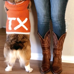 Handmade Crochet Pembroke Welsh Corgi Sweater UT Austin Longhorns American Football, Dog Clothing, Knit Dog Coat image 1