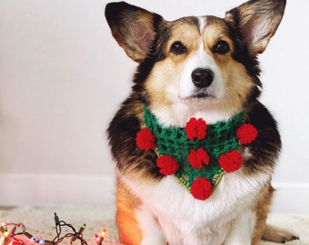 Unique Handmade Crochet Christmas and Winter Holidays "Corgmas" Dog Corgi Bandana in Green with Red Pompoms- Colorful Dog Clothes