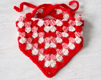 Valentine's Day Handmade Crochet Dog Corgi Bandana - "Valentine's Day #1" - Pastel Pink Red White Dog Clothes
