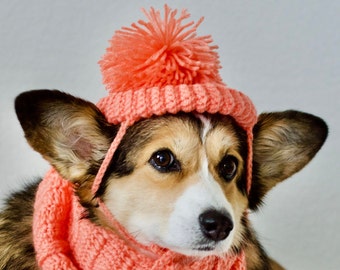 Cozy Corgi Dog Puppy Warm Handmade Crochet Beanie Hat with a Pompom In Peach