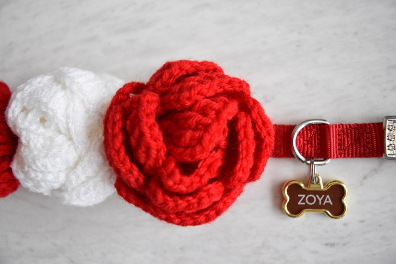 Valentine's Handmade Crochet Knit Dog Collar Rose Flower Puppy Dog Girl Floral Accessory Wedding Party Special Occassion image 3