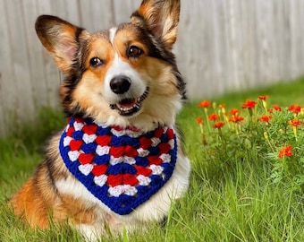 Unique Handmade Crochet Dog Corgi Bandana - "US Independence Day" - Blue Red White Dog Clothes