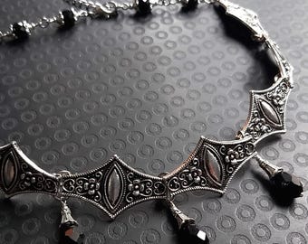 Antique Silver Gothic Choker Earrings, Black Crystal Teardrop Small Dangles, Medieval Renaissance Patina Jewelry Set, Floral Maiden Necklace