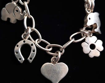 Sterling Silver Charm Bracelet, Good Luck Solid 925 Bracelet, Clover Horseshoe Heart Bracelet, Lucky Elephant Jewelry, Chunky Bold Bracelet