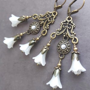 White Lily Chandelier Earrings, Brass Filigree Large Botanical Dangles, Nature-Inspired Renaissance Jewelry, Pearlized Long Flower Earrings