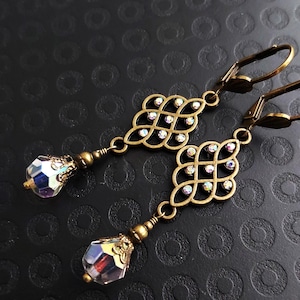 Vintage Swarovski Victorian Chandelier Earrings, Brass Filigree Rainbow Dangles, Renaissance Rococo Jewelry, Crystal Rhinestone Long Earring