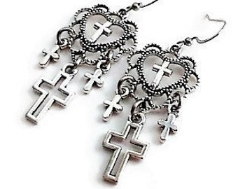 Orecchini lampadario a croce vittoriana in argento antico, orecchini leggeri ipoallergenici, gioielli religiosi gotici, orecchini incantati in filigrana