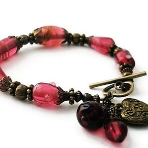 Raspberry Pink Murano Heart Charm Bracelet, Shabby Chic Rustic Wrap Bracelet, Vintage Style Bohemian Jewelry, Romantic Statement Bracelet