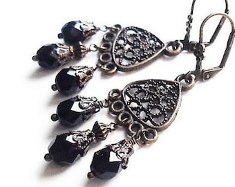 Black Crystal Teardrop Victorian Chandelier Earrings, Brass Filigree Statement Earrings, Gothic Renaissance Jewelry, Lightweight Dangles