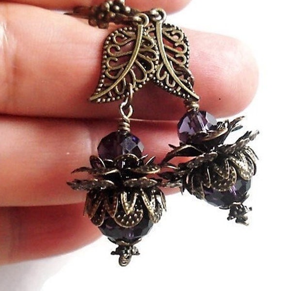Scottish Thistle Flower Earrings, Brass Filigree Amethyst Purple Earrings, Vintage Style Statement Jewelry, Large Botanical Leaf Earrings
