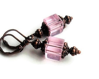 Blush Pink Lantern Earrings, Antique Copper Glass Cube Dangles, Renaissance Victorian Minimalist Jewelry, Small Dainty Lever Back Earrings,