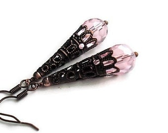 Rose Pink Crystal Teardrop Victorian Earrings, Copper Filigree Long Earrings, Romantic Retro Boho, Bridesmaid Gift, Lightweight Earrings