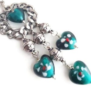 Teal Green Murano Heart Bag Charm, Long Beaded Silver Key Chain, Purse Zipper Pull Clip On Charm, Key Ring Heart, Floral Car Mirror Hanging