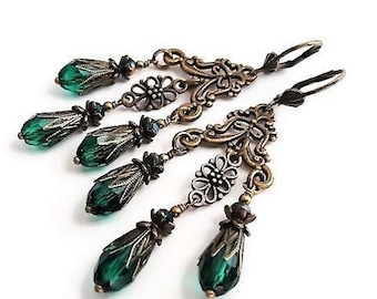 Emerald Green Victorian Chandelier Earrings, Long Crystal Teardrop Earrings, Renaissance Statement Jewelry, Brass Filigree Large Earrings