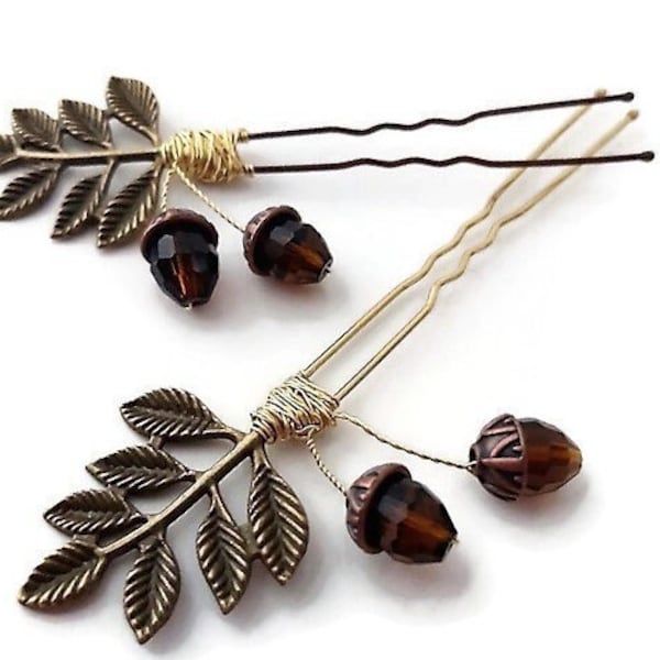 Dark or Golden Brown Acorn and Leaf Hair Pins, Nature Inspired Hair Fork, Two Prong Hair Stick Set, Hair Accessory, Botanical Hair Jewelry