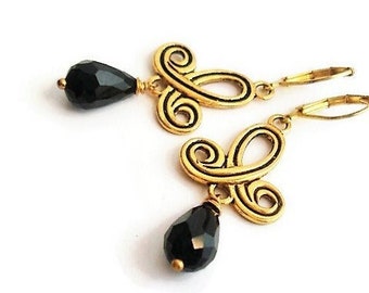 Victorian Black Teardrop Chandelier Earrings, Crystal Dangle Drop Earrings, Renaissance Elegant Jewelry, Gold Statement Earrings For Women