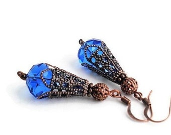 Royal Blue Crystal Teardrop Victorian Earrings, Copper Filigree Statement Earrings, Renaissance Jewelry, Lightweight Long Earrings For Women