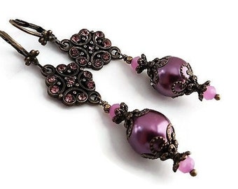 Plum Pearl Victorian Chandelier Earrings, Brass or Silver Filigree Crystal Rhinestone Earrings, Renaissance Baroque Jewelry, Purple Earrings