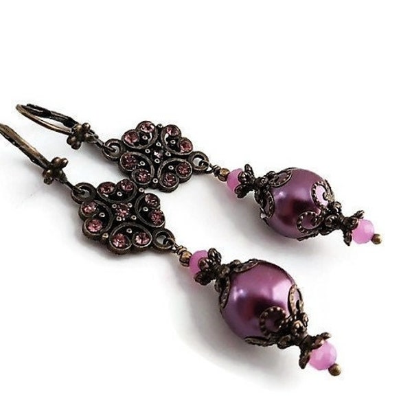 Plum Pearl Victorian Chandelier Earrings, Brass or Silver Filigree Crystal Rhinestone Earrings, Renaissance Baroque Jewelry, Purple Earrings