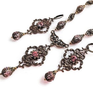 Rose Pink Victorian Pendant Necklace Earrings Set, Blush Crystal Bead Bridal Necklace, Renaissance Wedding Jewelry, Long Chandelier Earrings