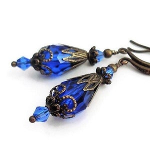 Cobalt Blue Victorian Crystal Teardrop Earrings, Antique Brass Filigree Long Earrings, Sapphire Wedding, Romantic Jewelry, Bridesmaid Gift