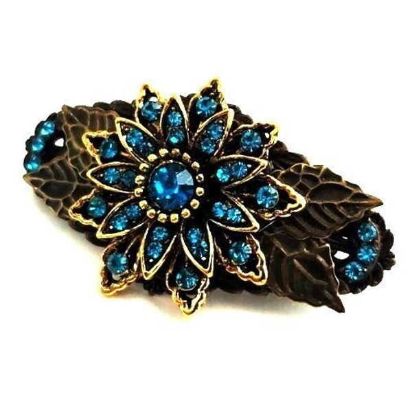 Barrette Français fleur en cristal bleu sarcelle, postiche botanique en laiton antique et or, bijoux pour cheveux inspirés de la nature, accessoire de cheveux fantaisie