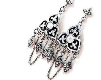 Fleur De Lis Chandelier Earrings, Antique Silver Post Earrings, Medieval Tribal Nordic Jewelry, Long Dangle Earrings, Chain Fringe Earrings