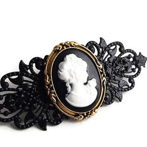 Black Filigree Gold Cameo Large French Barrette, Metal Lace Lady Cameo Hair Accessory, Renaissance Gothic Cameo Jewelry, Patina Hair Clip