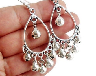 Bright Silver Bell Charm Chandelier Earrings, Belly Dancer Large Hoop Earrings, Romantic Bohemian Jewelry, Long Dangle Earrings For Women