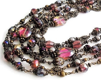 Multi Color Extra Long Necklaces Set, Statement Layered Necklace, Romantic Retro Jewelry, Burgundy Purple Crystal and Pearl Choker Necklace