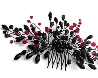 Black and Red or Gold Bridal Hair Comb, Gothic Wedding, Black Crystal Hair Vine, Bridal Flower Hair Piece, Hair Jewelry, Prom Hair Accessory