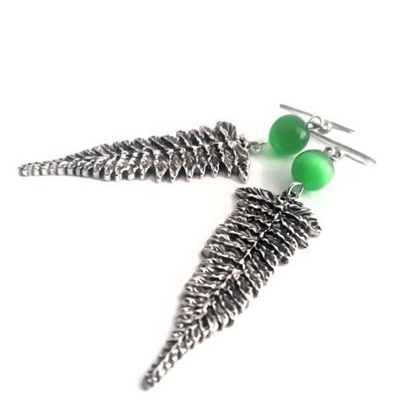 Green Opal Silver Fern Leaf Earrings, Gemstone Botanical Earrings, Nature Inspired Statement Jewelry, Hypoallergenic Dainty Dangle Earrings