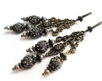 Antique Brass Filigree Beige Victorian Chandelier Earrings, Crystal Rhinestone Earrings, Renaissance Rococo Jewelry, Long Dangle Earrings