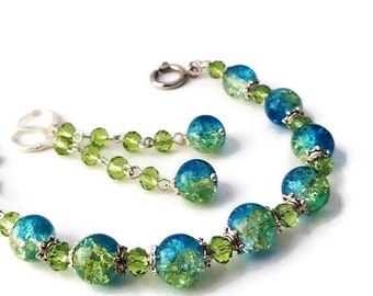 Boucles d'oreilles bracelet en verre craquelé bleu vert, boucles d'oreilles longues en cristal, bijoux modernes décontractés, boucles d'oreilles pendantes, bracelet croisé