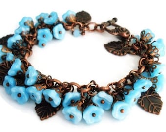 Forget Me Not Flower Cha Cha Bracelet, Czech Glass Copper Leaf Charm Bracelet, Nature Inspired Jewelry, Chunky Blue Botanical Cuff Bracelet