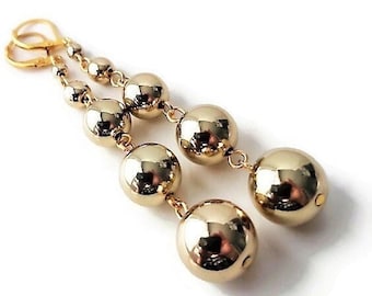 Gold Ball Earrings, Extra Long Dangle Earrings, Minimalist Jewelry, Dainty Earrings, Graduated Bead Earrings, Elegant Lightweight Earrings