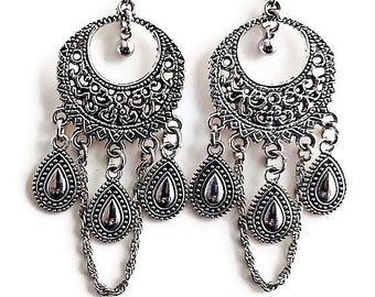 Silver Filigree Victorian Chandelier Hoop Earrings, Big Bold Charmed Earrings with Chain, Medieval Bohemian, Statement Teardrop Earrings