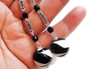 Harlequin Black and White Extra Long Earrings, Murano Glass Elegant Silver Earrings, Art Deco Romantic Jewelry, Classic Statement For Women