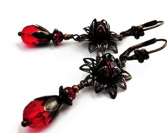 Deep Red Small Victorian Chandelier Earrings, Antique Brass Filigree Botanical Earrings, Baroque Renaissance, Flower Dangle Drop Earrings